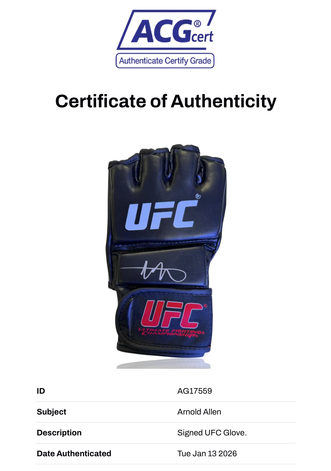 ARNOLD ALLEN SIGNED UFC AUTOGRAPH GLOVE (ACG CERT AG17559)