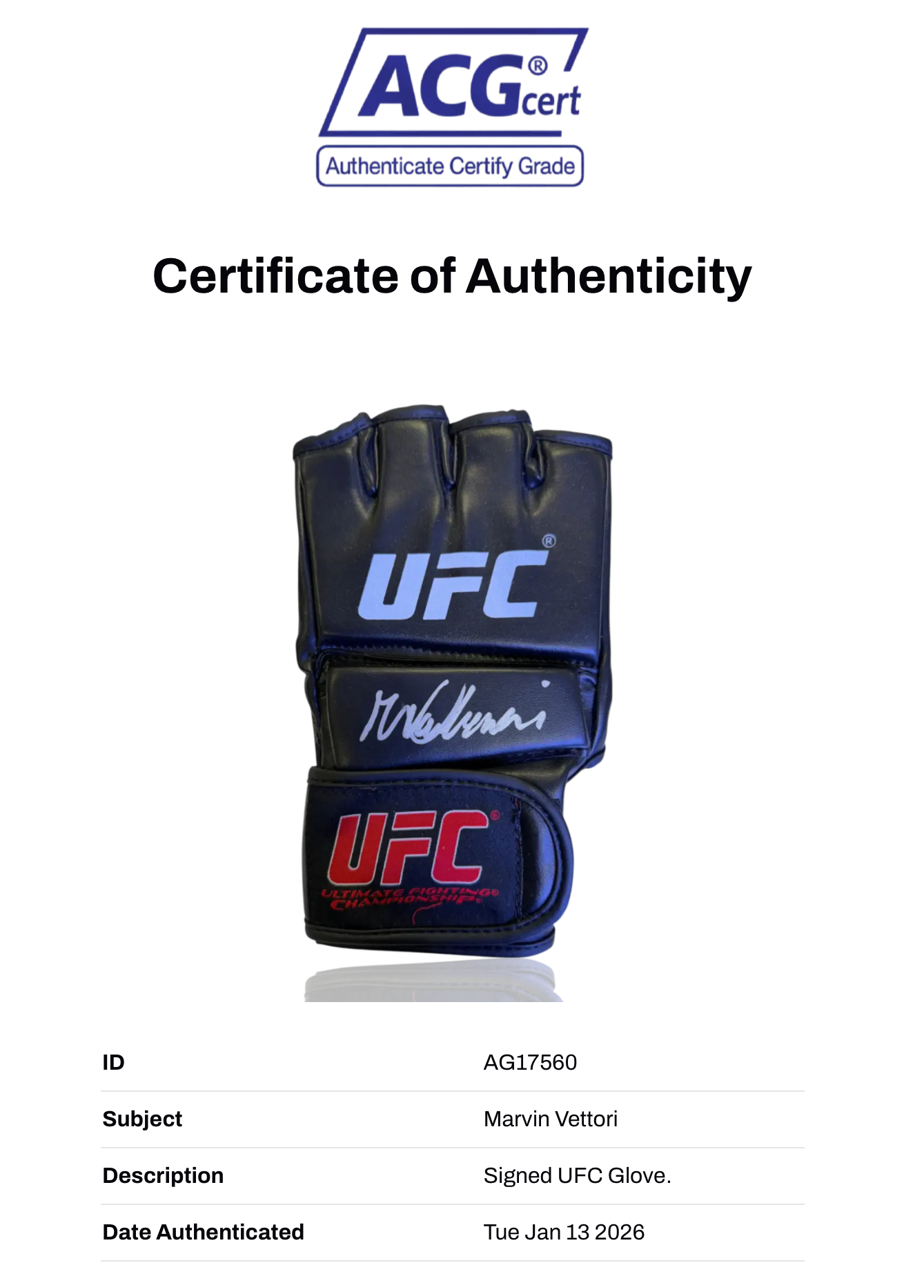 MARVIN VETTORI SIGNED UFC AUTOGRAPH FIGHT GLOVE (ACG CERT AG17560)-2