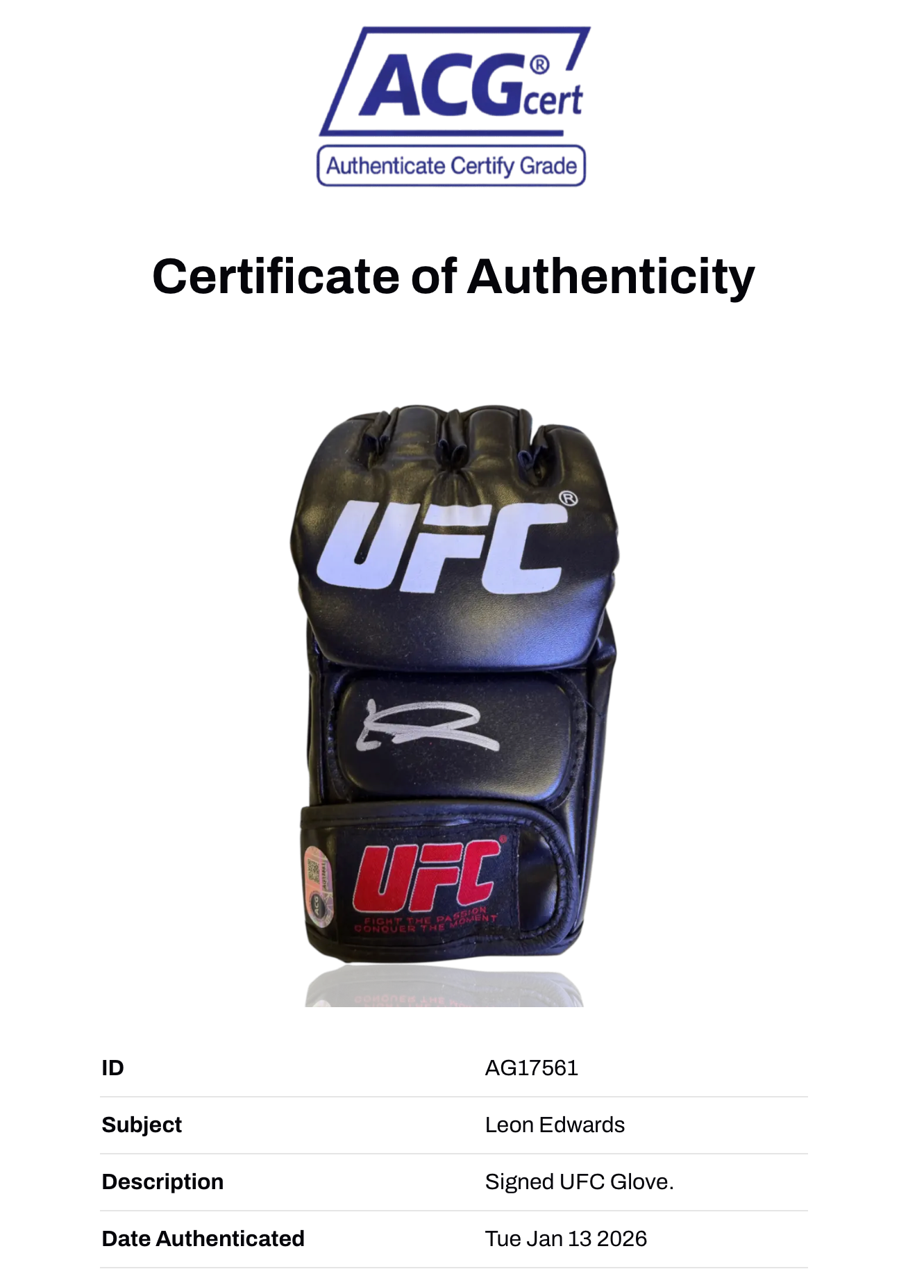 LEON 'ROCKY' EDWARDS SIGNED UFC AUTOGRAPH FIGHT GLOVE (ACG CERT AG17561)