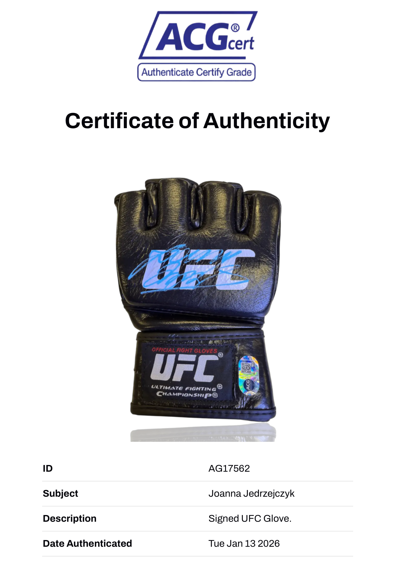 JOANNA JEDRZEJCZYK SIGNED UFC AUTOGRAPH FIGHT GLOVE (ACG CERT AG17562)