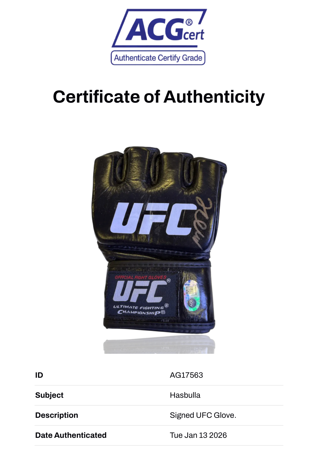 HASBULLA SIGNED UFC AUTOGRAPH FIGHT GLOVE (ACG CERT AG17563)