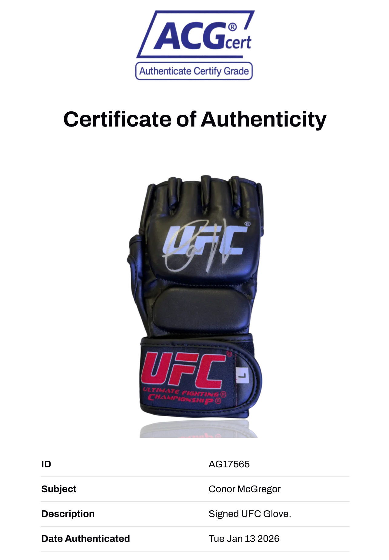 CONOR MCGREGOR SIGNED UFC FIGHT GLOVE NOTORIOUS (ACG CERT AG17565)
