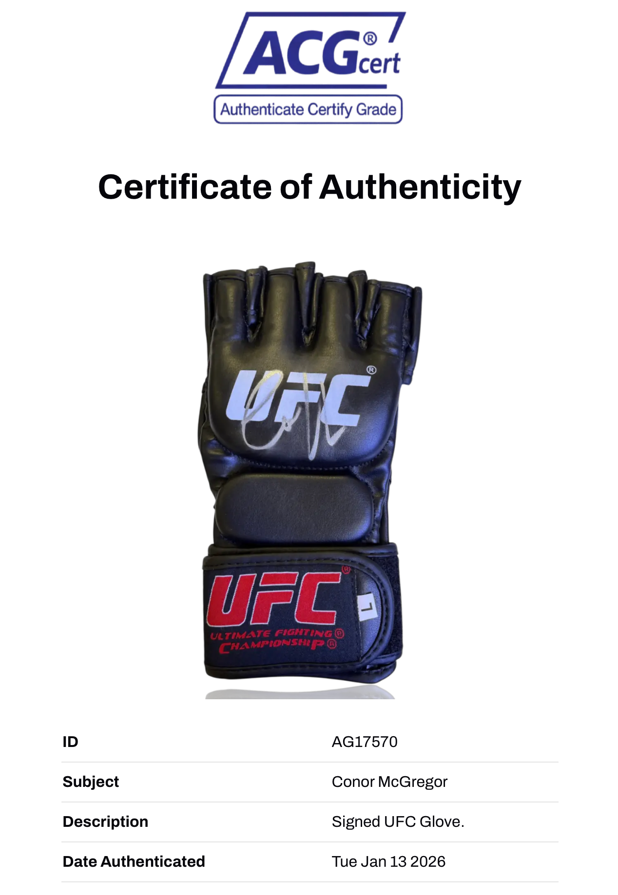CONOR MCGREGOR SIGNED UFC FIGHT GLOVE NOTORIOUS (ACG CERT AG17570)-2