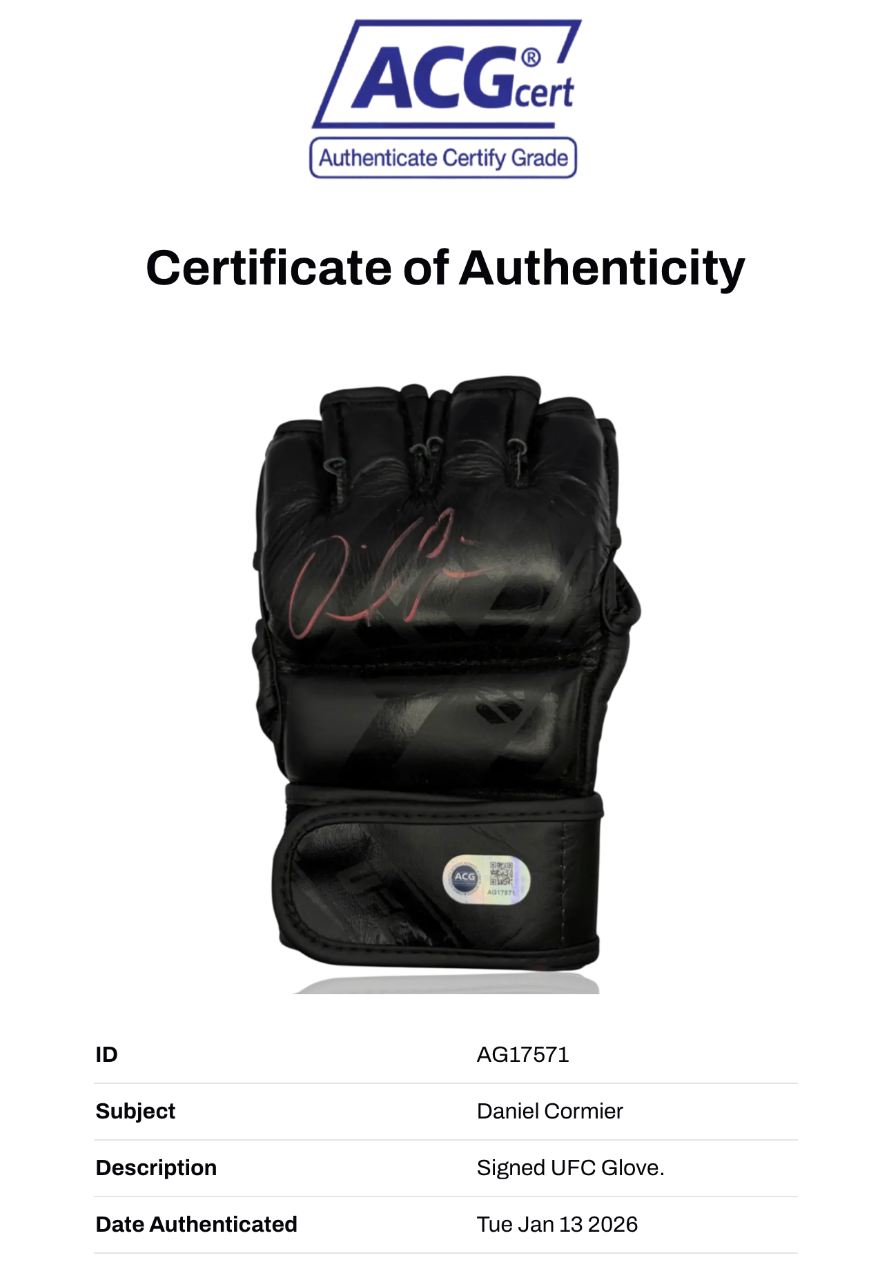 DANIEL CORMIER SIGNED UFC AUTOGRAPH FIGHT GLOVE (ACG CERT AG17571)