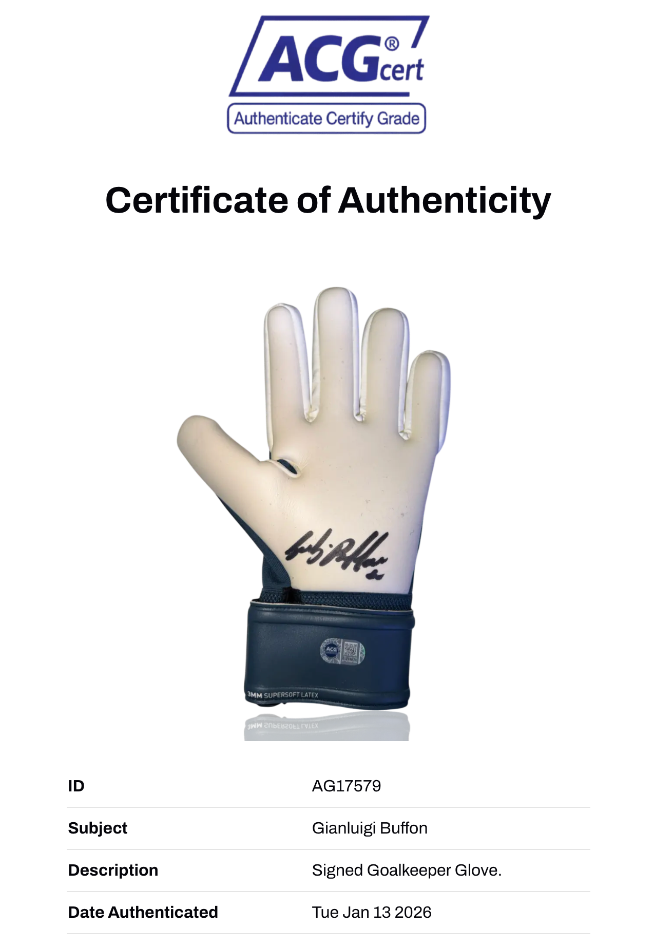 GIANLUIGI BUFFON SIGNED PUMA NAVY GOALKEEPER GLOVE (ACG CERT AG17579)-2