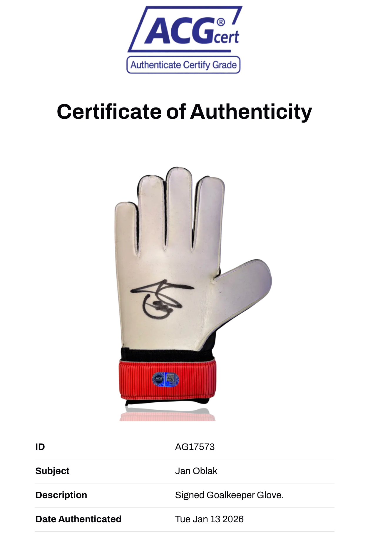 JAN OBLAK SIGNED ATLETICO MADRID GOALKEEPER GLOVE SLOVENIA (ACG CERT AG17573)