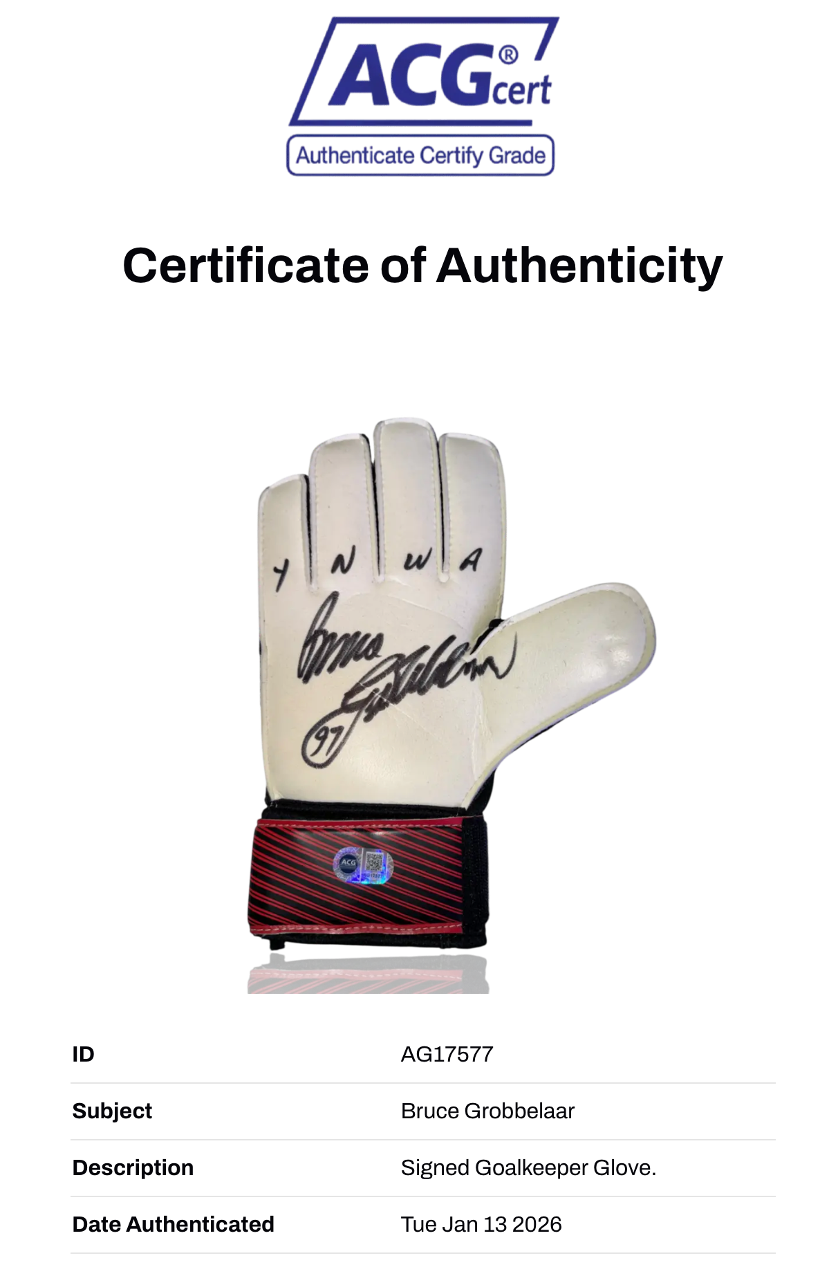 BRUCE GROBBELAAR SIGNED LIVERPOOL FC LEGEND GOALKEEPER GLOVE (ACG CERT AG17577)