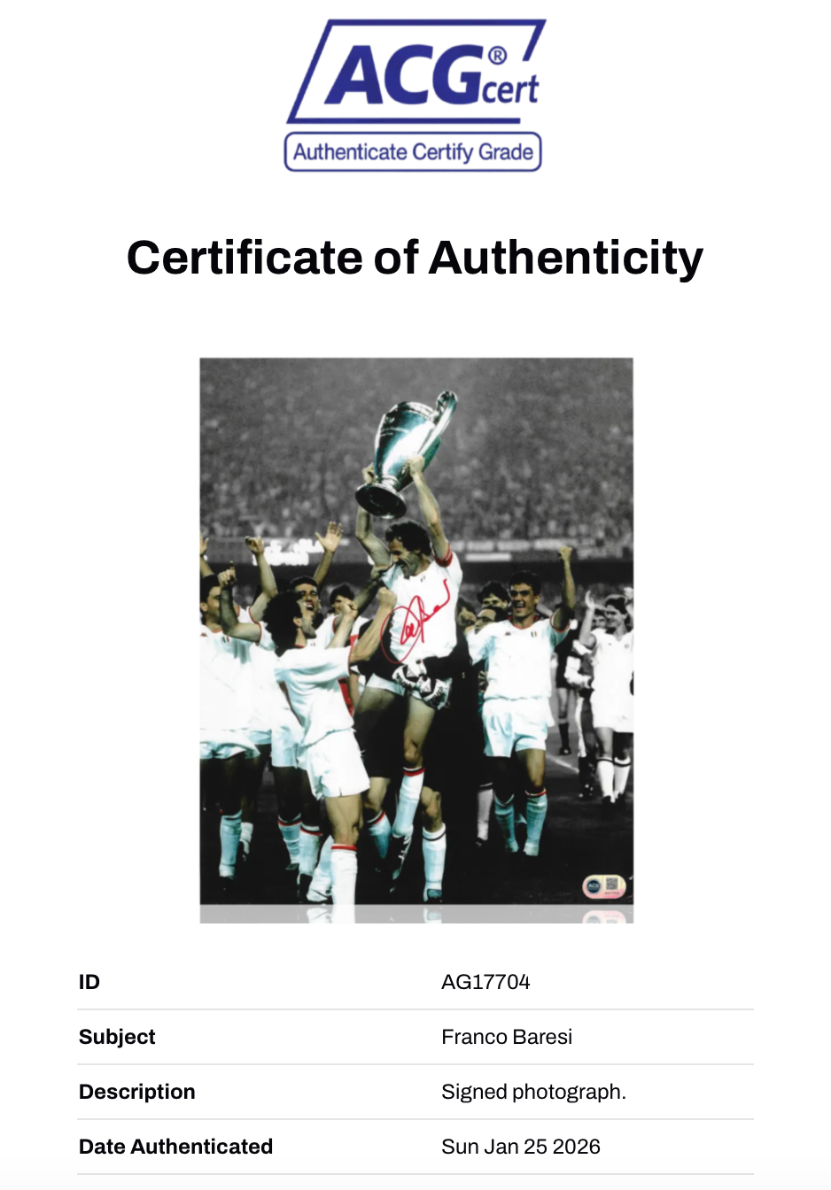 FRANCO BARESI SIGNED AC MILAN LEGEND 14X11 PHOTOGRAPH (ACG CERT AG17704)