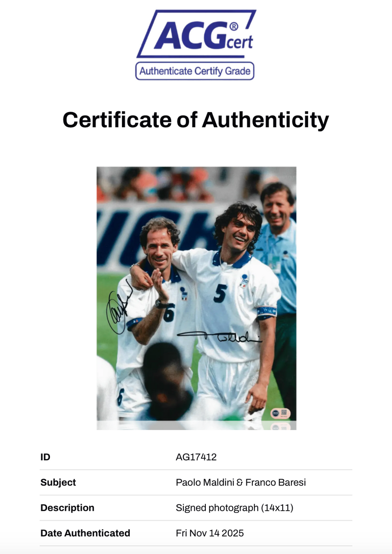PAOLO MALDINI & FRANCO BARESI SIGNED ITALY LEGENDS 14x11 PHOTO (ACG CERT AG17412)-2
