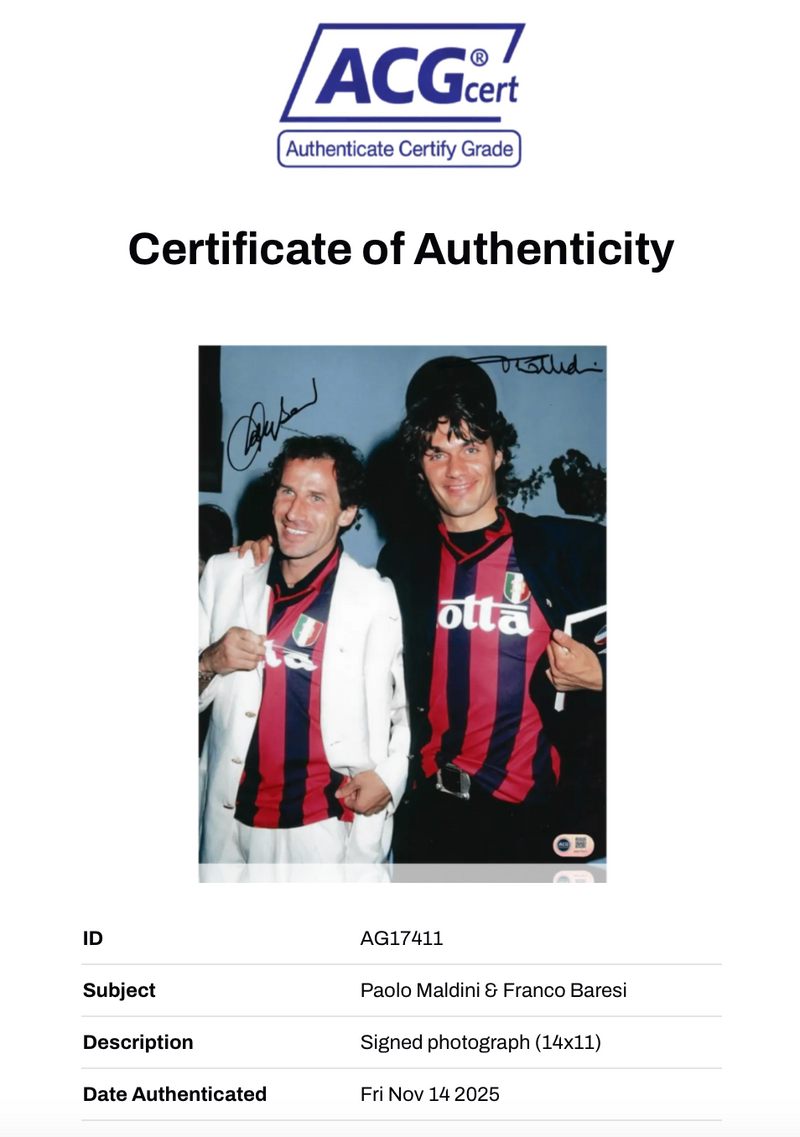 PAOLO MALDINI & FRANCO BARESI SIGNED AC MILAN LEGENDS 14x11 PHOTO (ACG CERT AG17411)-2