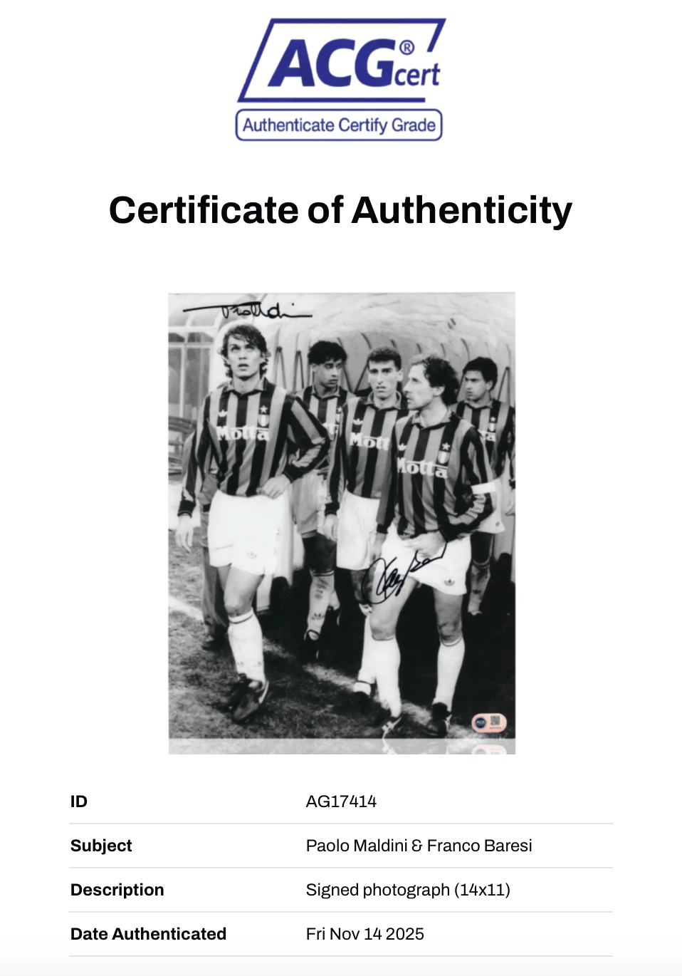 PAOLO MALDINI & FRANCO BARESI SIGNED AC MILAN 14x11 PHOTO (ACG CERT AG17414)-5