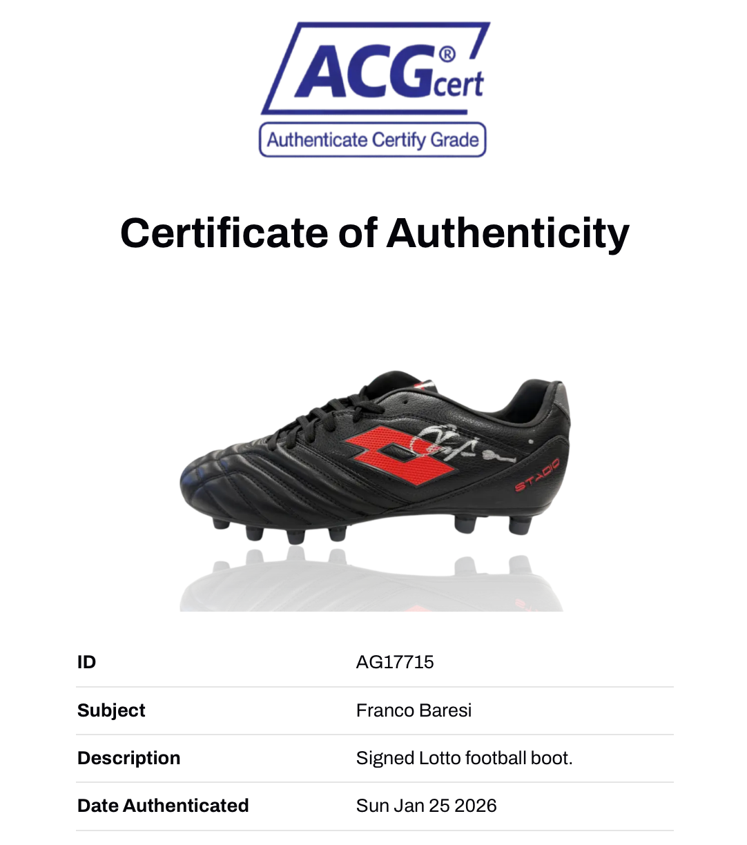 FRANCO BARESI SIGNED AC MILAN LOTTO FOOTBALL BOOT (ACG CERT AG17715)