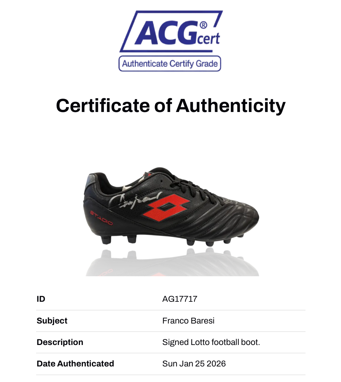 FRANCO BARESI SIGNED AC MILAN LOTTO FOOTBALL BOOT (ACG CERT AG17717)-6