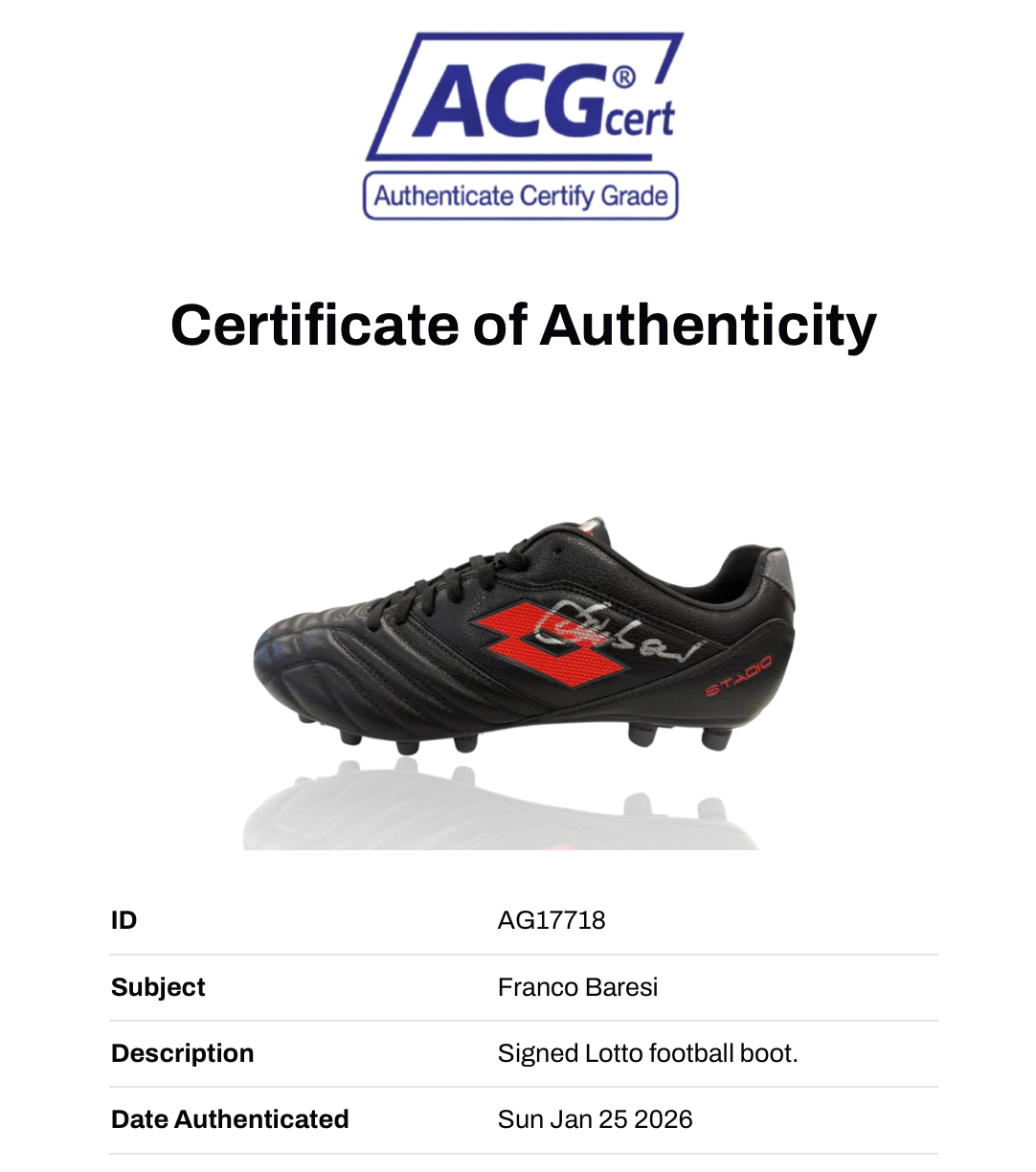 FRANCO BARESI SIGNED AC MILAN LOTTO FOOTBALL BOOT (ACG CERT AG17718)