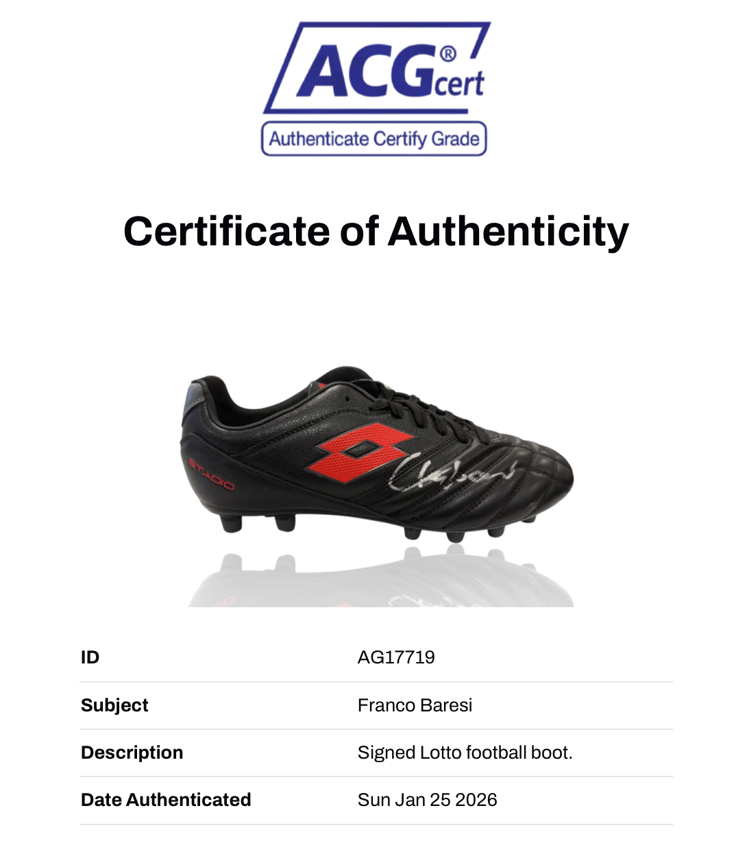 FRANCO BARESI SIGNED AC MILAN LOTTO FOOTBALL BOOT (ACG CERT AG17719)