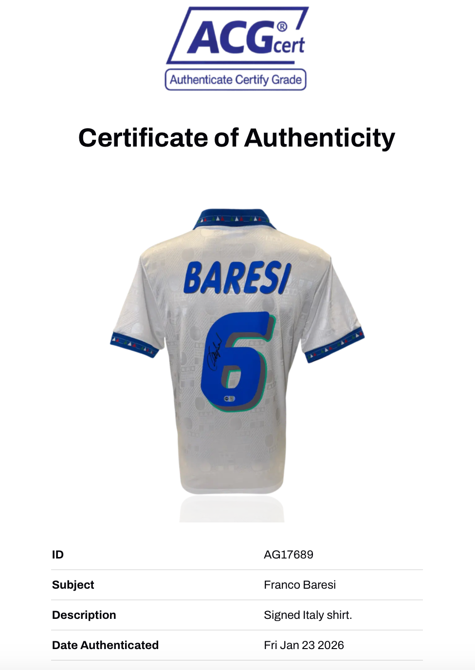 FRANCO BARESI SIGNED ITALY 1994 AWAY SHIRT (ACG CERT AG17689)