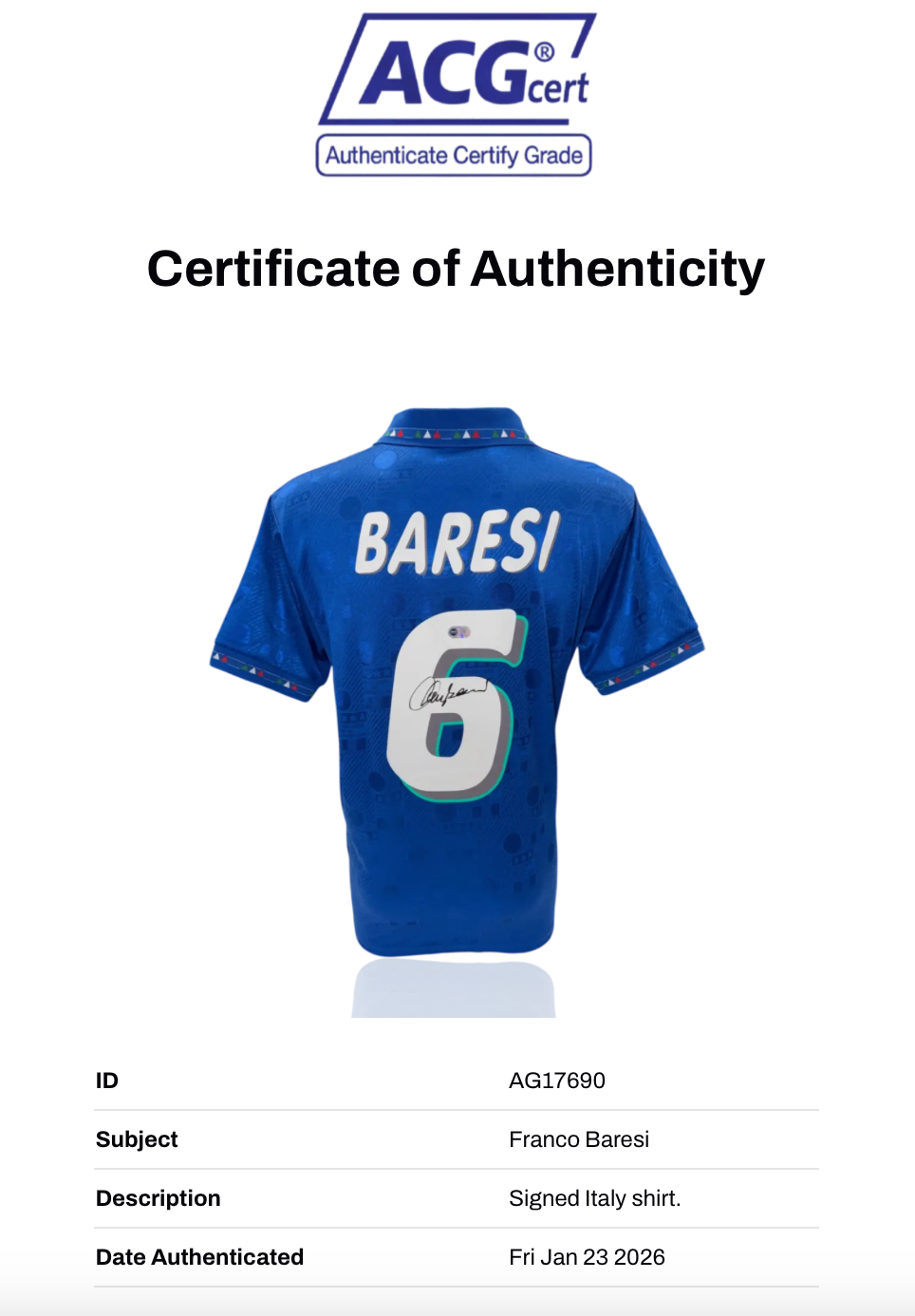 FRANCO BARESI SIGNED ITALY 1994 HOME SHIRT (ACG CERT AG17690)