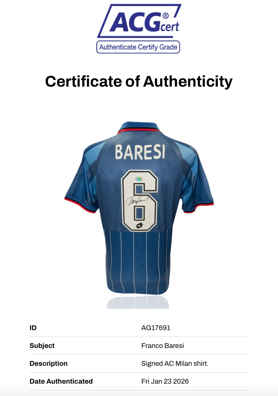 FRANCO BARESI SIGNED AC MILAN 1995/96 AWAY SHIRT (ACG CERT AG17691)