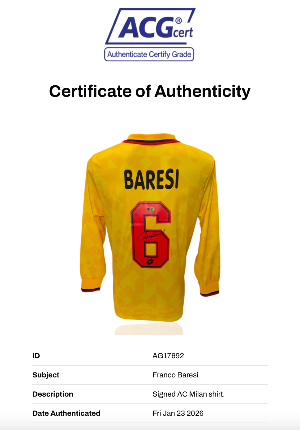 FRANCO BARESI SIGNED AC MILAN 1994/95 AWAY SHIRT (ACG CERT AG17692)