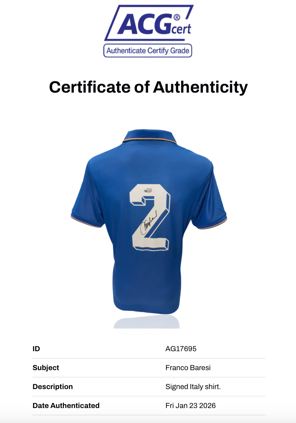 FRANCO BARESI SIGNED ITALY 1982 WORLD CUP WIN HOME SHIRT (ACG CERT AG17695)