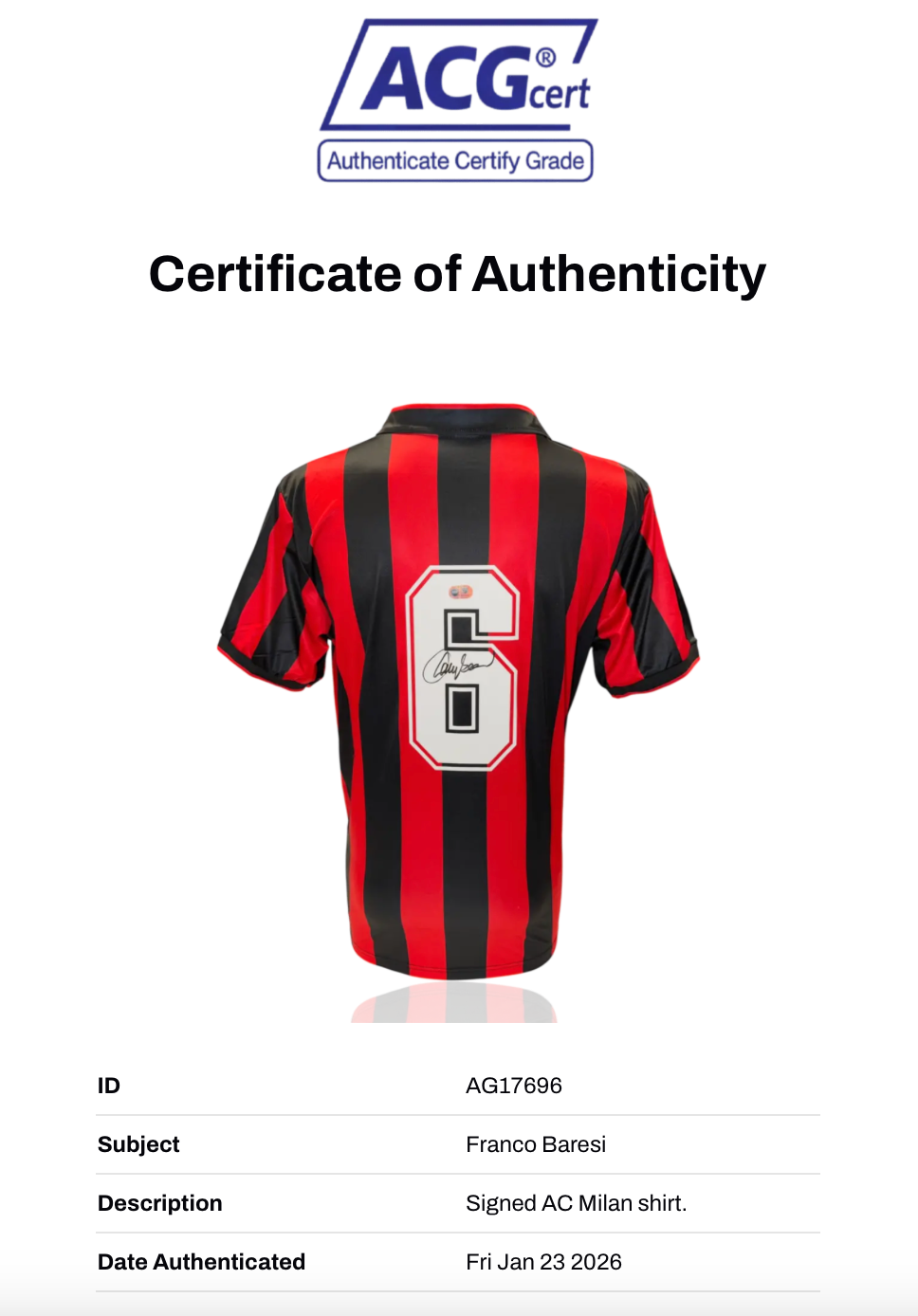 FRANCO BARESI SIGNED AC MILAN 1990/91 HOME SHIRT (ACG CERT AG17696)