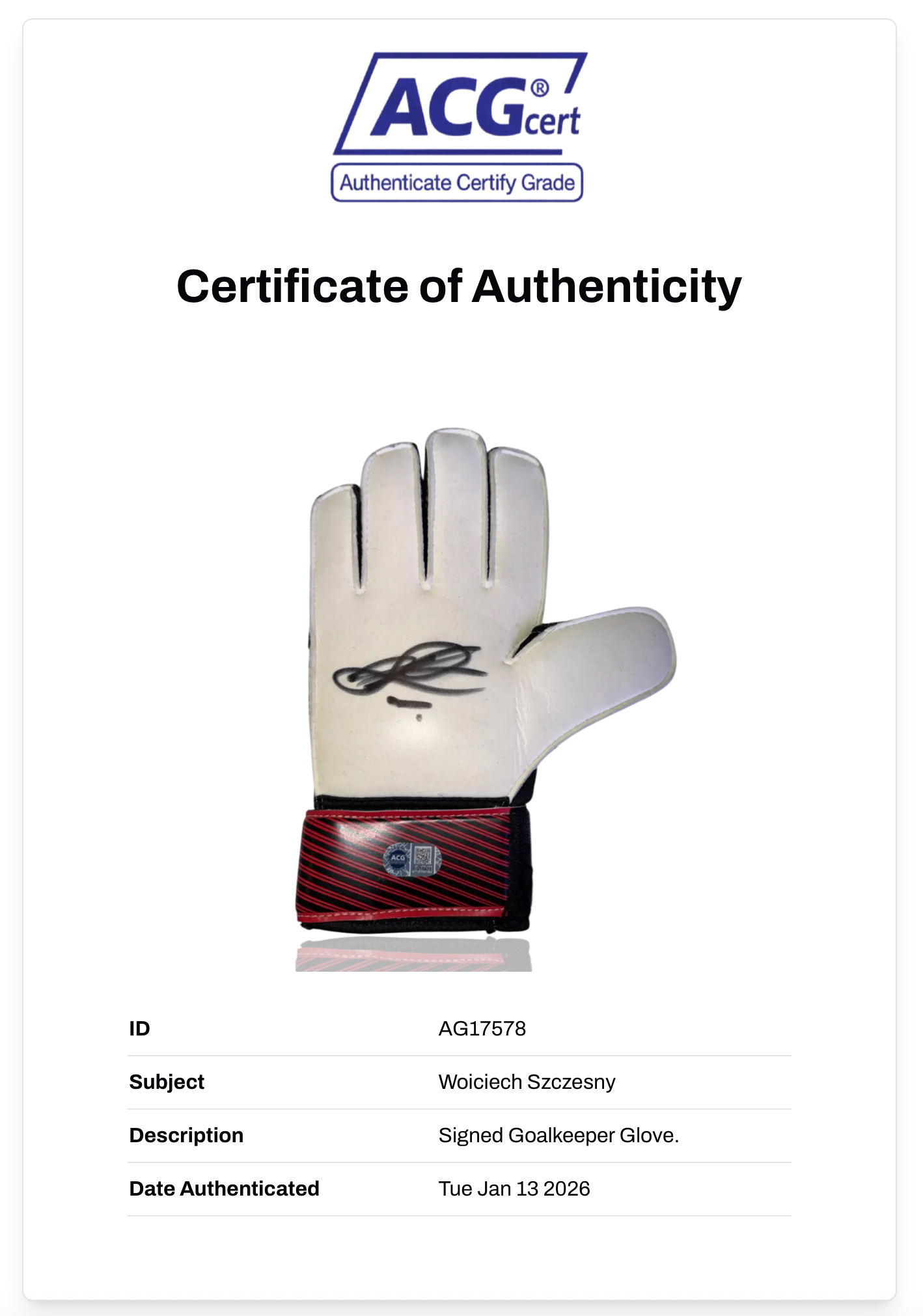 WOICIECH SZCZESNY SIGNED FC BARCELONA GOALKEEPER GLOVE (ACG CERT AG17578)