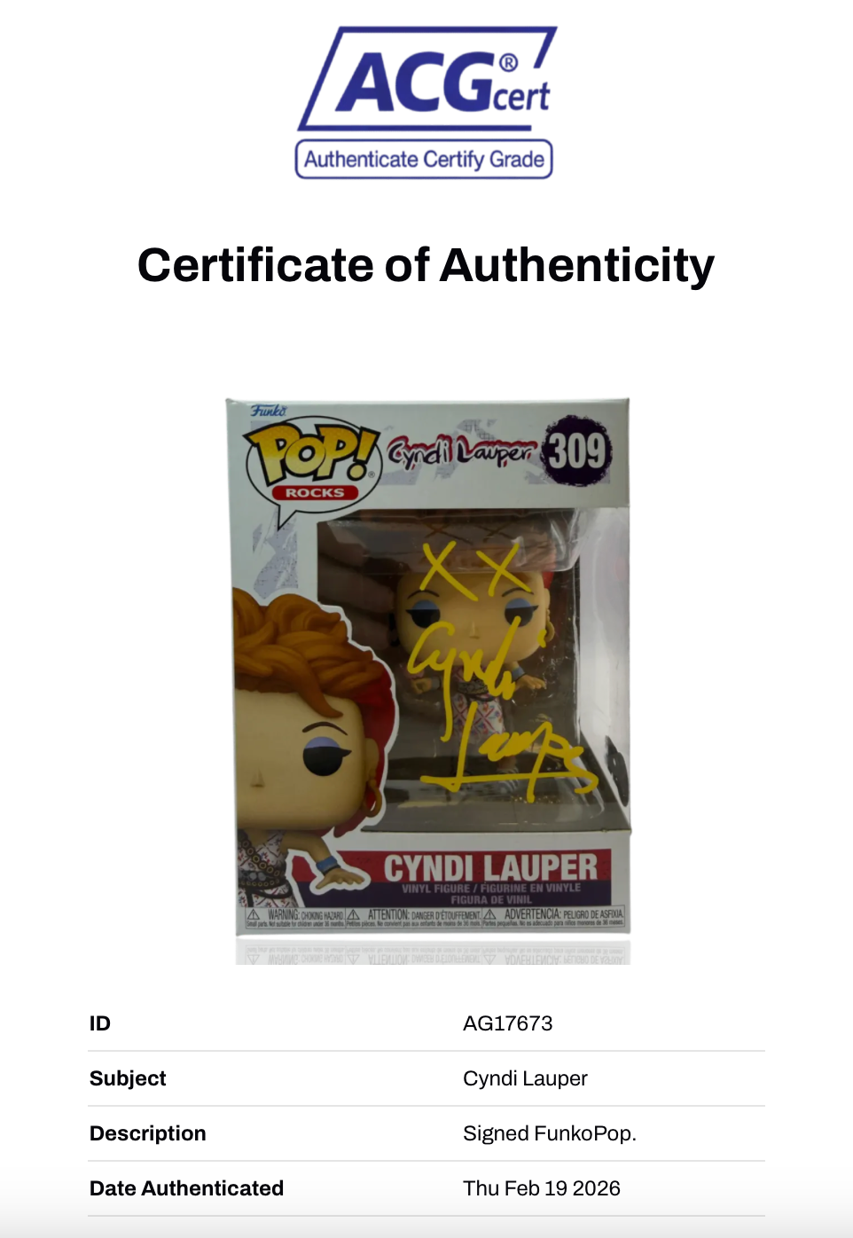 CYNDI LAUPER SIGNED #309 FUNKO POP! (ACG CERT AG17673)