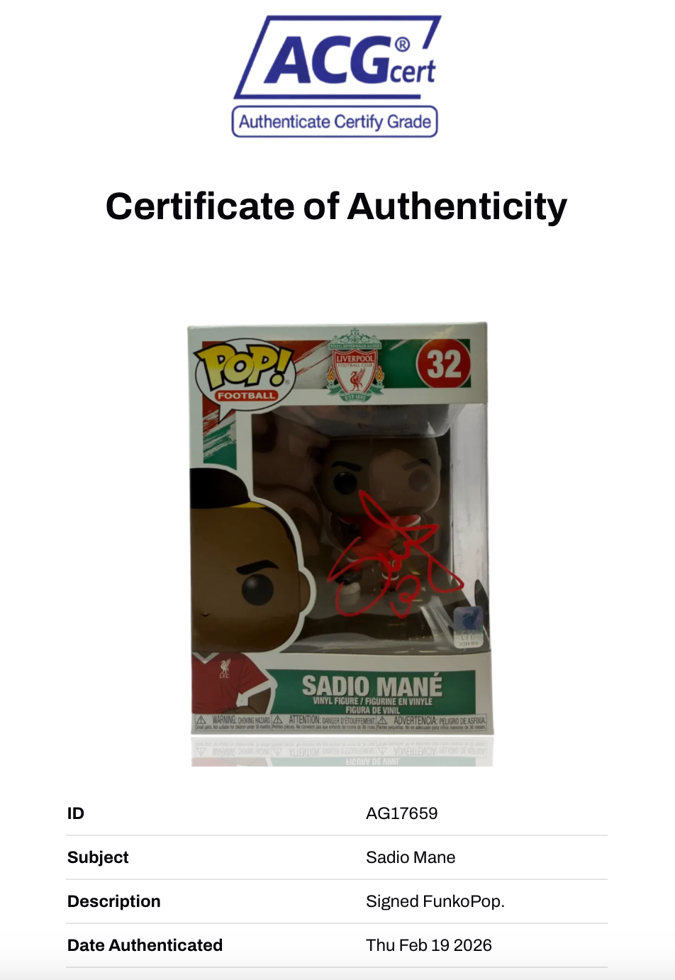 SADIO MANE SIGNED OFFICIAL LIVERPOOL FC FUNKO POP! #32 (ACG CERT AG17659)