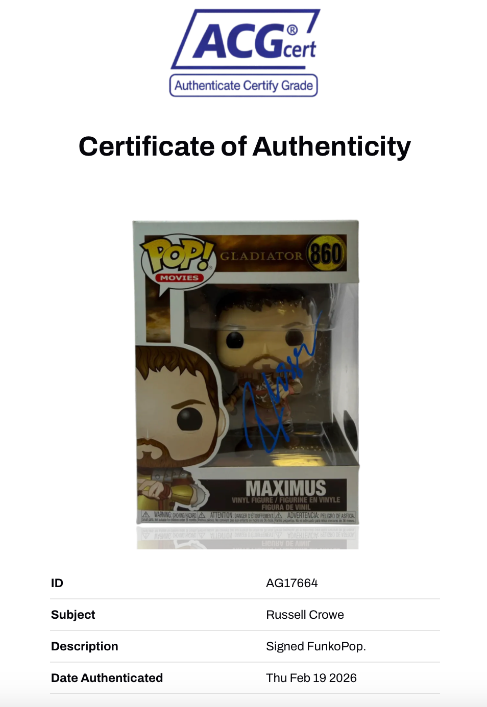RUSSELL CROWE SIGNED MAXIMUS GLADIATOR #860 FUNKO POP! (ACG CERT AG17664)