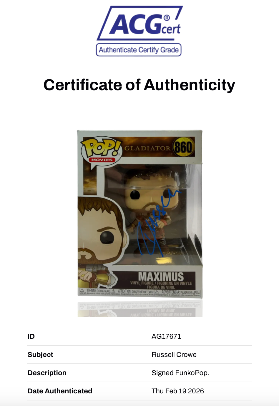 RUSSELL CROWE SIGNED MAXIMUS GLADIATOR #860 FUNKO POP! (ACG AG17671)