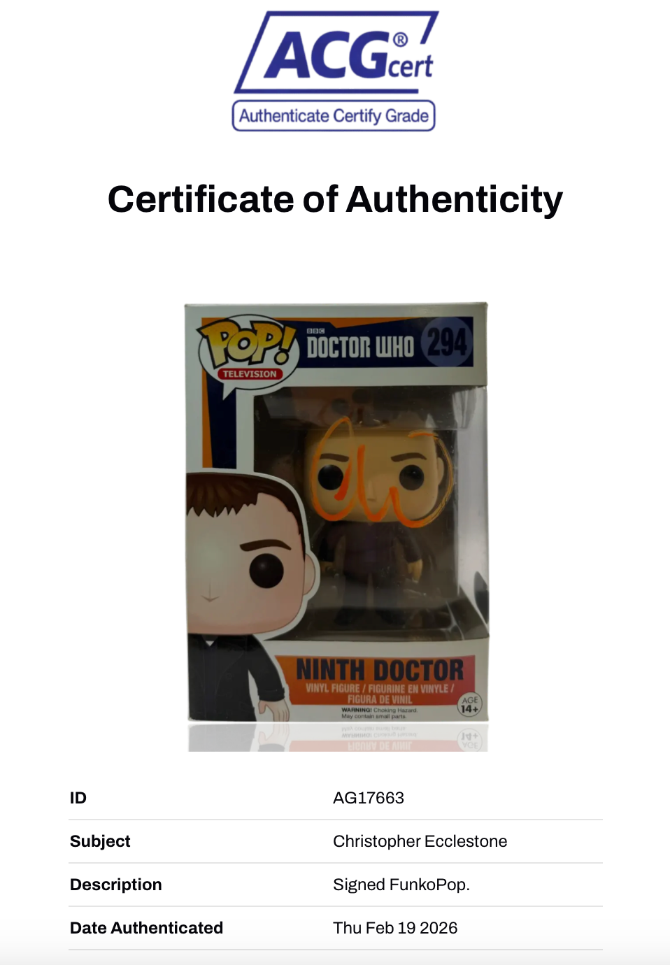CHRISTOPHER ECCLESTONE SIGNED DR WHO FUNKO POP! #294 (ACG CERT AG17663)