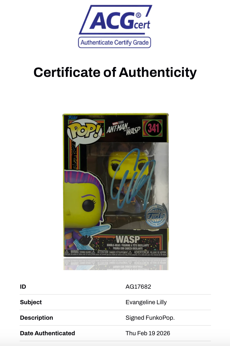 EVANGELINE LILLY SIGNED ANT MAN AND THE WASP FUNKO POP! #341 (ACG CERT AG17682)