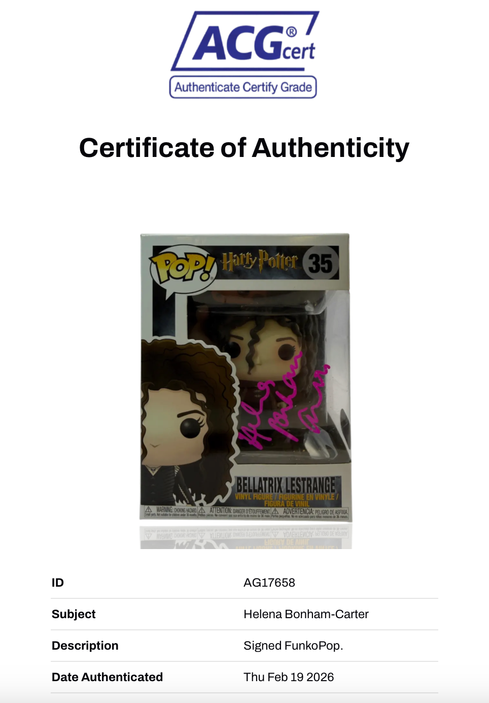 HELENA BONHAM-CARTER SIGNED BELLATRIX LESTRANGE FUNKO POP! #35 (ACG CERT AG17658)