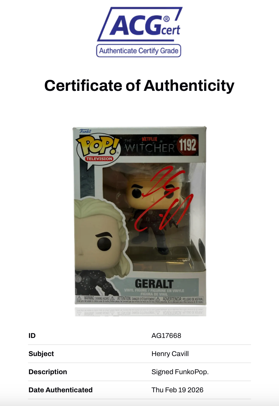 HENRY CAVILL SIGNED GERALT THE WITCHER #1192 FUNKOPOP (ACG CERT AG17668)