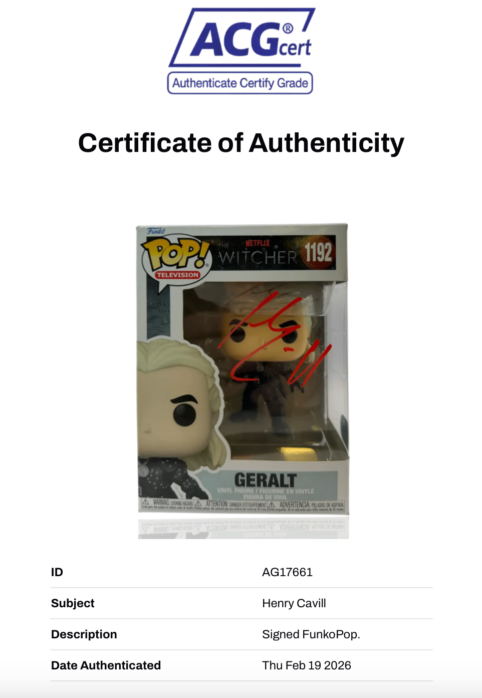 HENRY CAVILL SIGNED GERALT THE WITCHER #1192 FUNKOPOP (ACG CERT AG17661)
