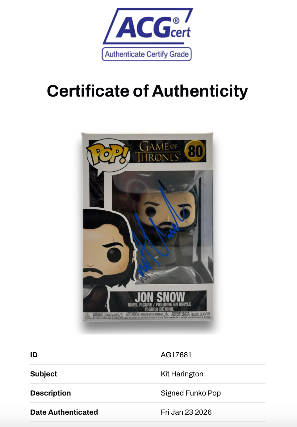 KIT HARINGTON SIGNED JON SNOW GAME OF THRONES #80 FUNKO POP! (ACG CERT AG17681)
