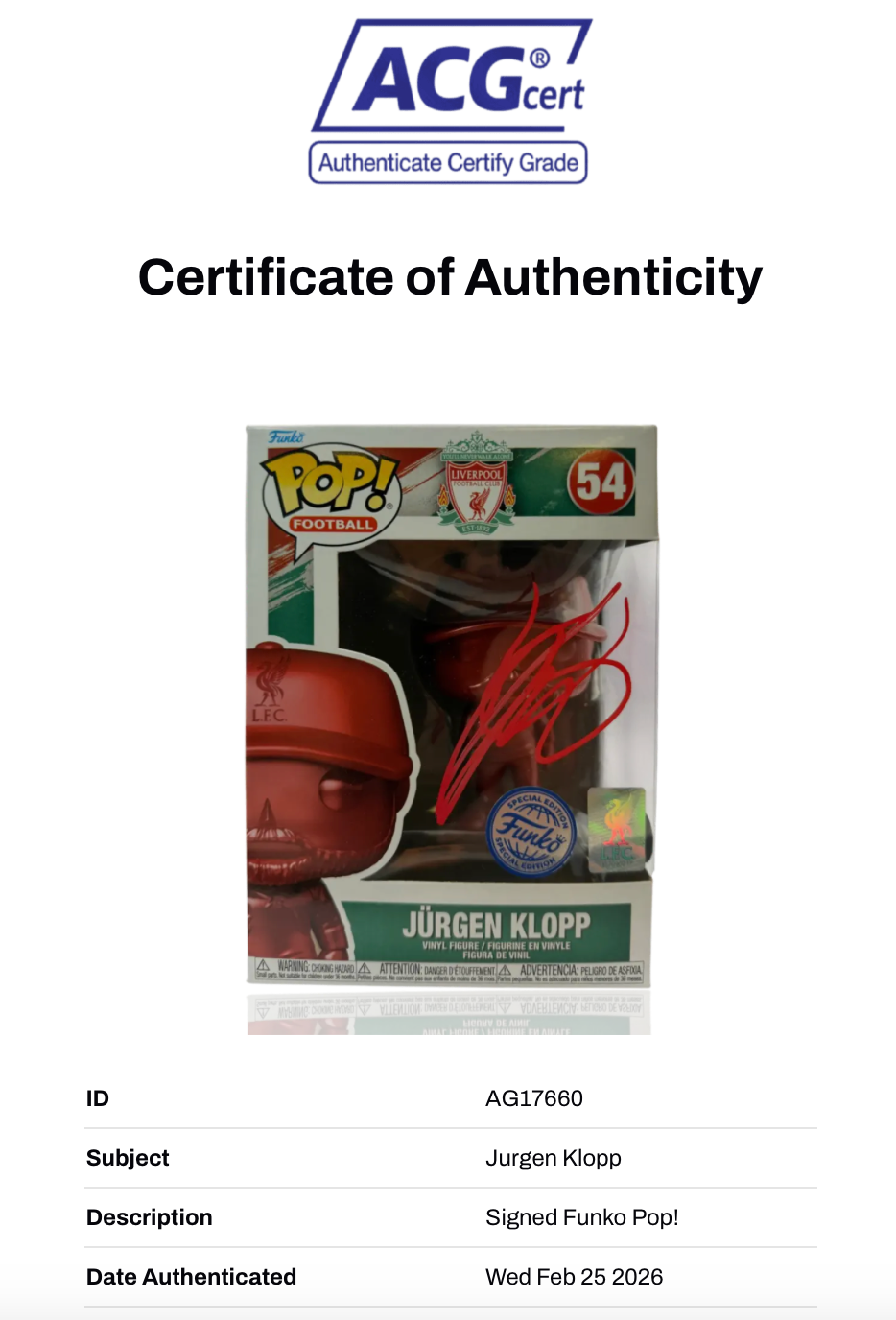 JURGEN KLOPP SIGNED LFC LIMITED EDITION FUNKO POP! #54 (ACG CERT AG17660)