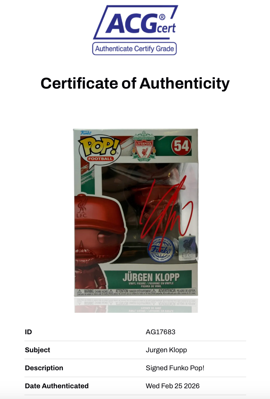 JURGEN KLOPP SIGNED LFC LIMITED EDITION FUNKO POP! #54 (ACG CERT AG17683)