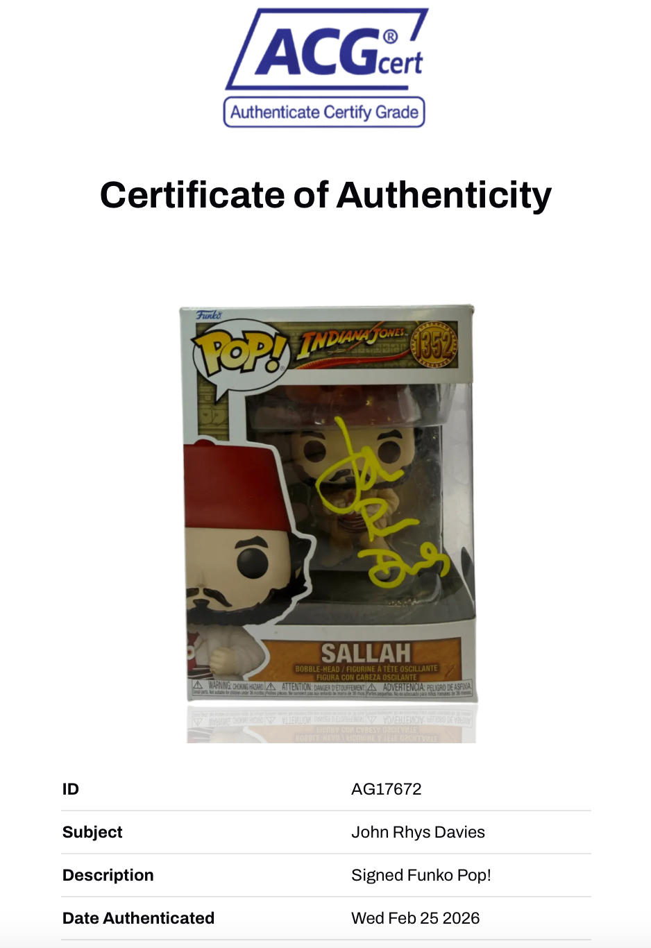 JOHN RHYS-DAVIES SIGNED SALLAH INDIANA JONES FUNKO POP! #1352 (ACG CERT AG17672)