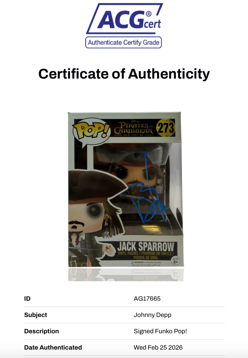 JOHNNY DEPP SIGNED JACK SPARROW FUNKO POP! #273 (ACG CERT AG17665)