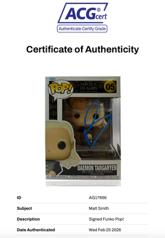 MATT SMITH SIGNED HOUSE OF DRAGONS DAEMON TARGARYEN FUNKO POP! #05 (ACG CERT AG17666)-3