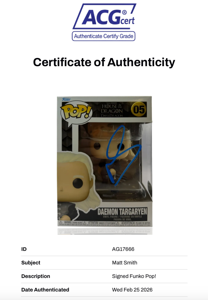 MATT SMITH SIGNED HOUSE OF DRAGONS DAEMON TARGARYEN FUNKO POP! #05 (ACG CERT AG17666)-3