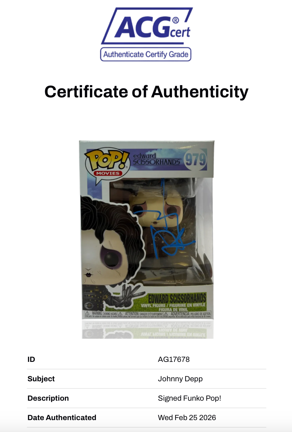 JOHNNY DEPP SIGNED EDWARD SCISSORHANDS FUNKO POP! #979 (ACG CERT AG17678)-3