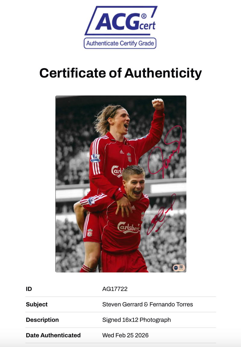 STEVEN GERRARD & FERNANDO TORRES SIGNED LIVERPOOL FC 16x12 PHOTO (ACG CERT AG17722)-2