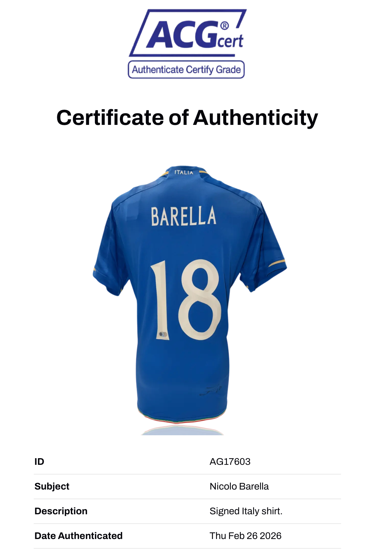 NICOLO BARELLA SIGNED 2022/24 ITALY HOME SHIRT BARELLA 18 (ACG CERT AG17603)