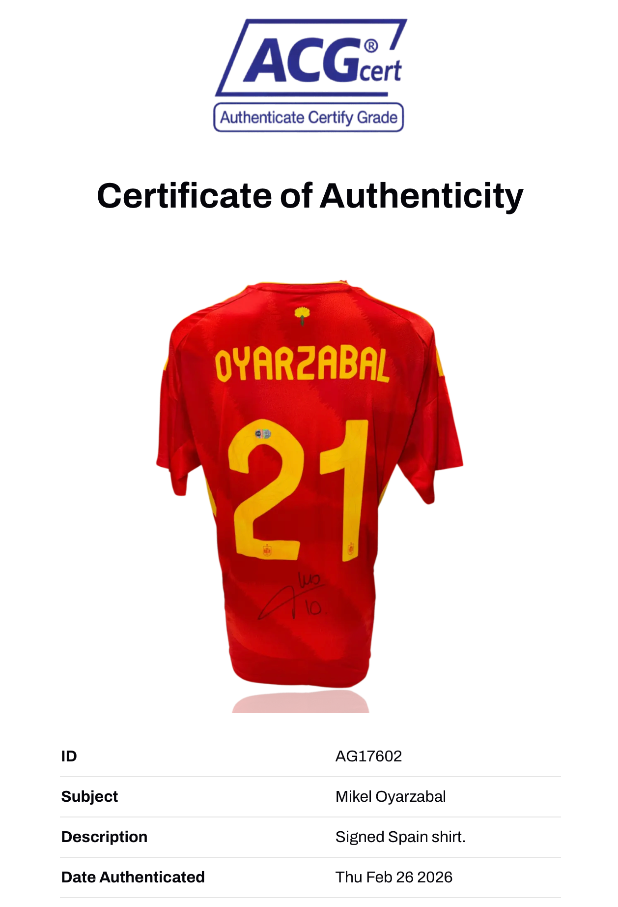 MIKEL OYARZABAL SIGNED 2024 SPAIN HOME SHIRT (ACG CERT AG17602)-2