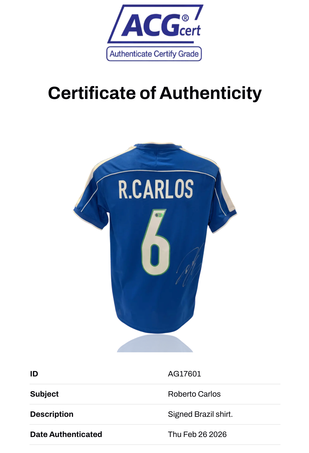 ROBERTO CARLOS SIGNED CARLOS 6 BRAZIL 1998 AWAY SHIRT (ACG CERT