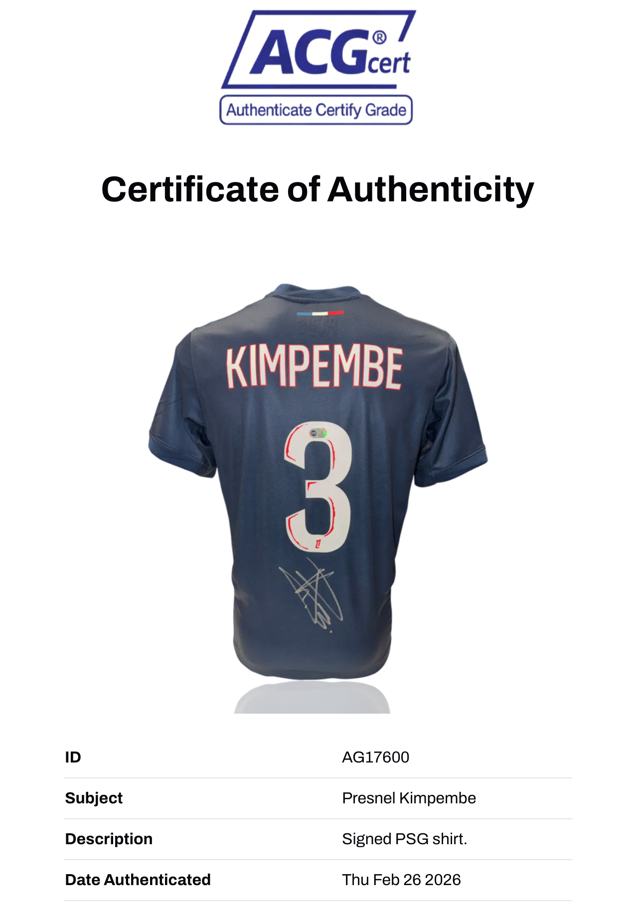 PRESNEL KIMPEMBE SIGNED 2024/25 PARIS SAINT-GERMAIN PSG HOME SHIRT (ACG CERT AG17600)-2