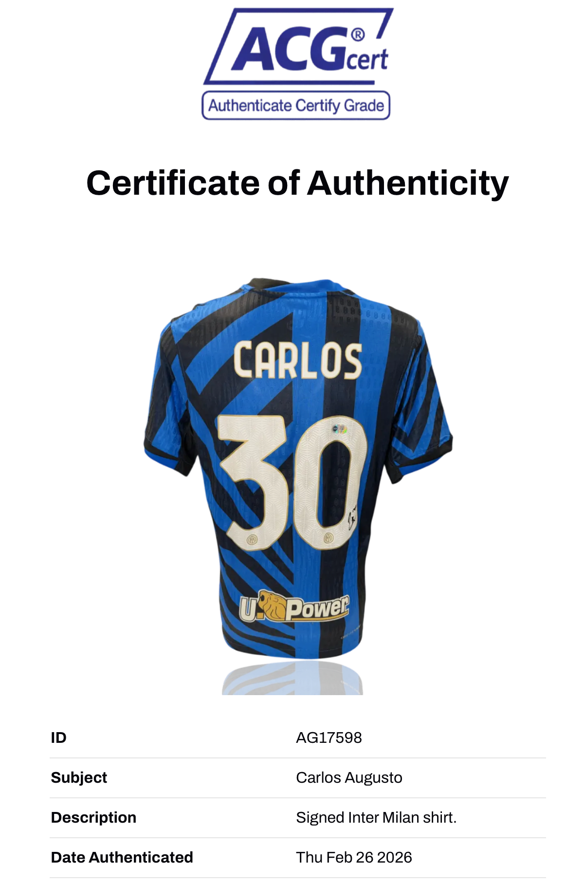 CARLOS AUGUSTO SIGNED 2024/25 INTER MILAN HOME SHIRT CARLOS 30 (ACG CERT AG17598)-2