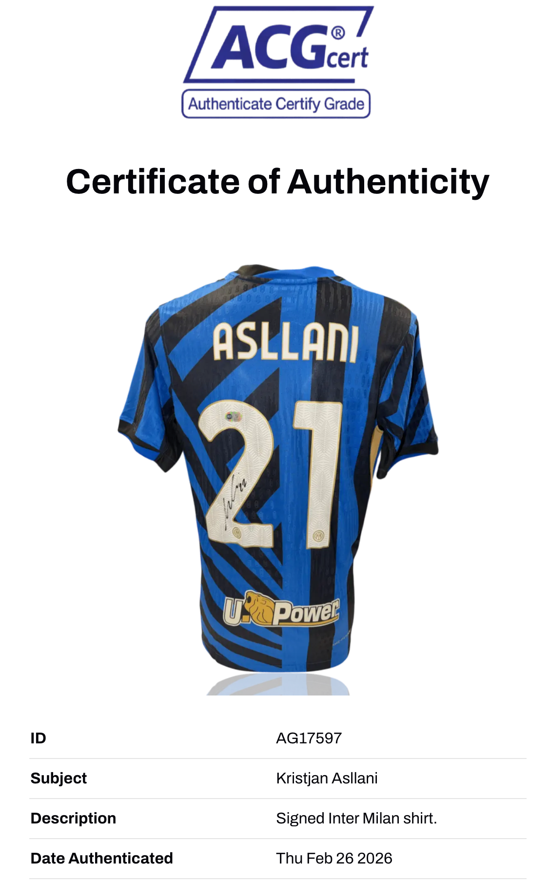 KRISTJAN ASSLANI SIGNED 2024/25 INTER MILAN HOME SHIRT ASSLANI 21 (ACG CERT AG17597)-2